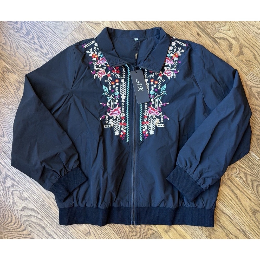 AK Full Zip W Black Jacket XL Embroidered Floral Boho Johnny West Style Festival